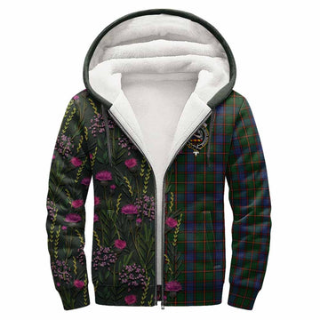 Skene Family Crest Tartan Sherpa Hoodie Scottish Thistle Flower Pattern Half Style