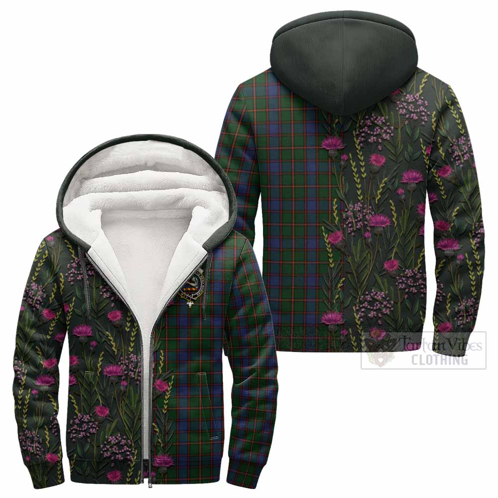 Skene Family Crest Tartan Sherpa Hoodie Scottish Thistle Flower Pattern Half Style - Tartan Vibes Clothing