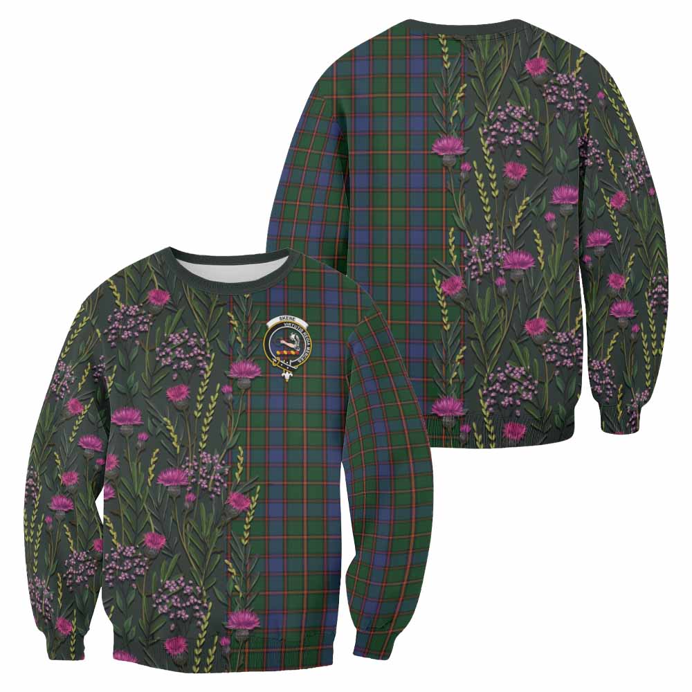 Skene Family Crest Tartan Sweatshirt Scottish Thistle Flower Pattern Half Style - Tartan Vibes Clothing