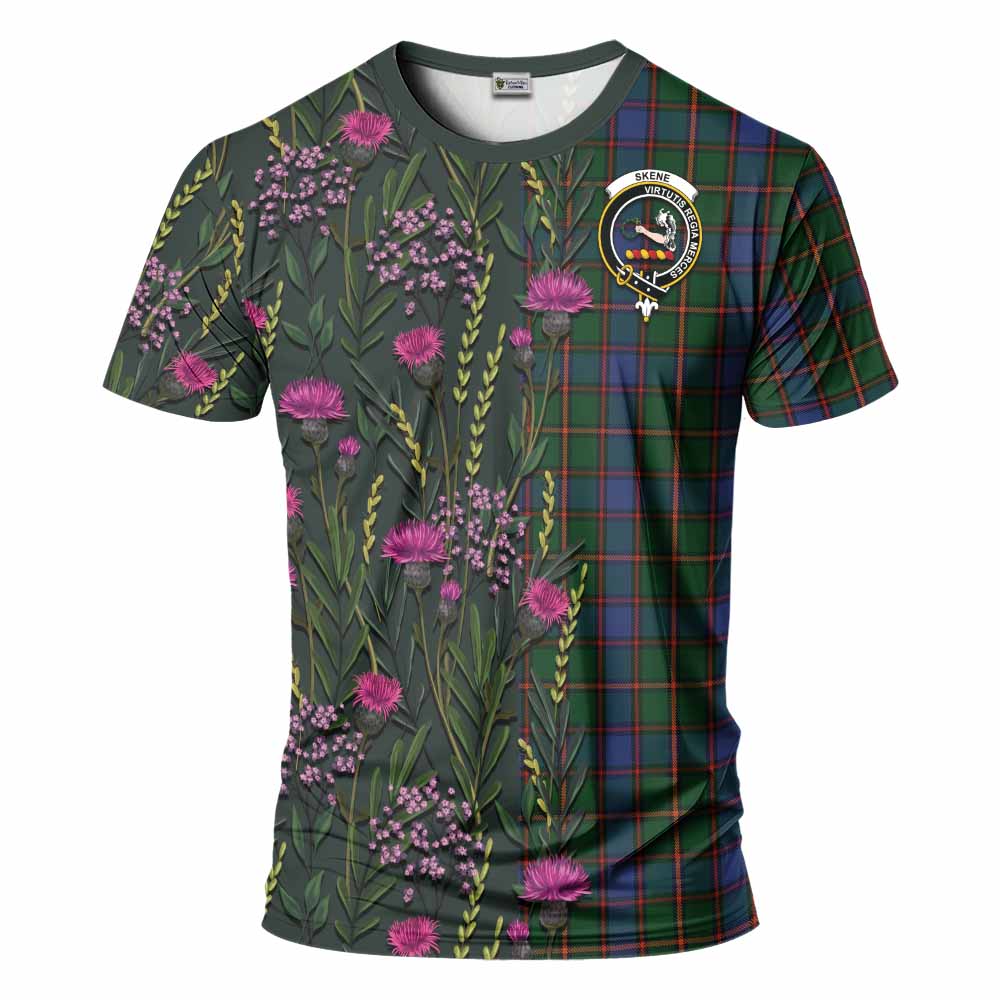 Skene Family Crest Tartan T-Shirt Scottish Thistle Flower Pattern Half Style - Tartan Vibes Clothing