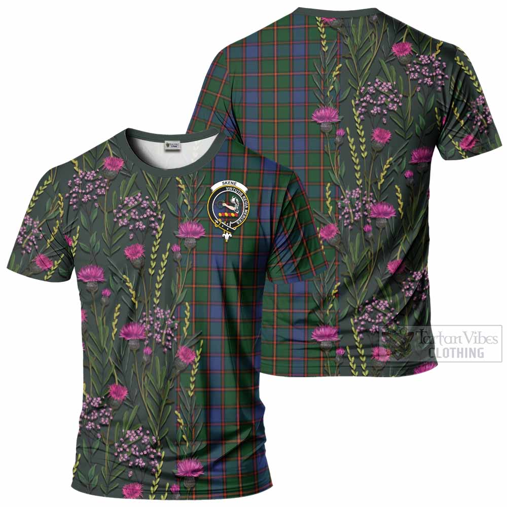 Skene Family Crest Tartan T-Shirt Scottish Thistle Flower Pattern Half Style - Tartan Vibes Clothing