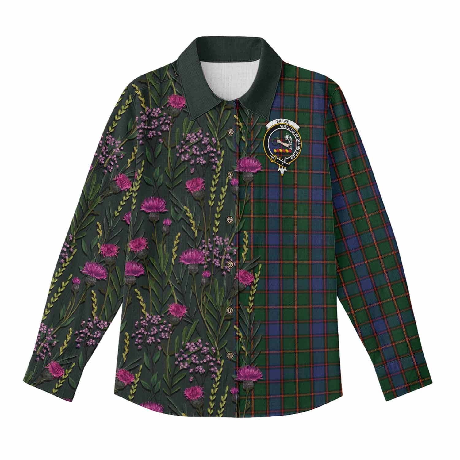 Skene Family Crest Tartan Women Casual Shirt Scottish Thistle Flower Pattern Half Style - Tartan Vibes Clothing