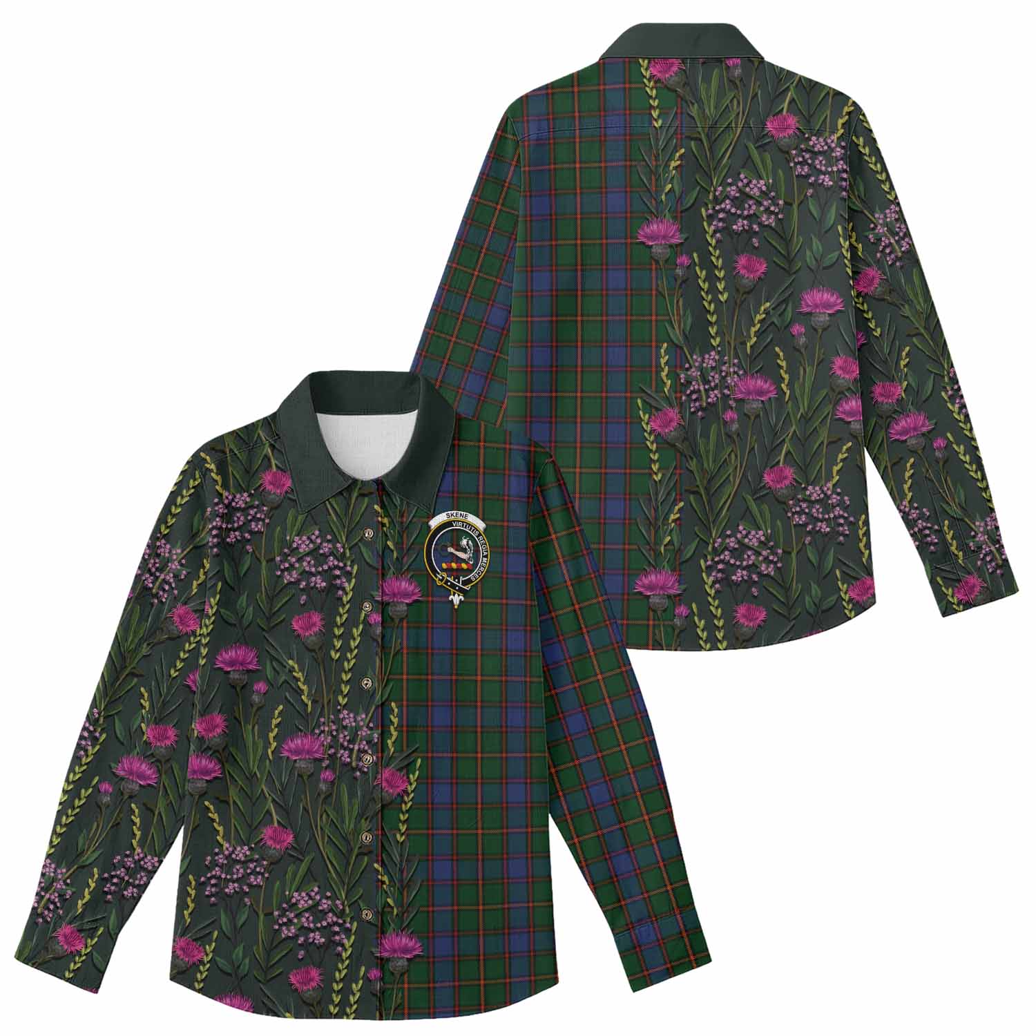 Skene Family Crest Tartan Women Casual Shirt Scottish Thistle Flower Pattern Half Style - Tartan Vibes Clothing