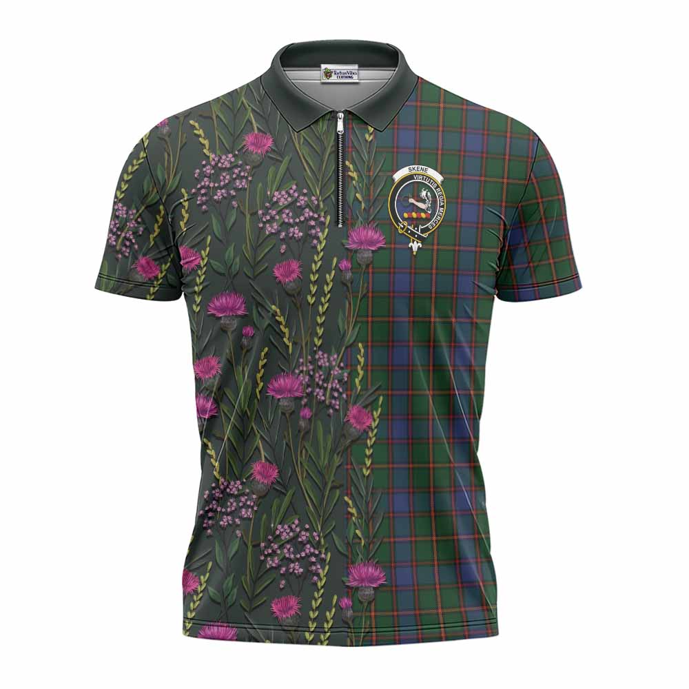 Skene Family Crest Tartan Zipper Polo Shirt Scottish Thistle Flower Pattern Half Style - Tartan Vibes Clothing