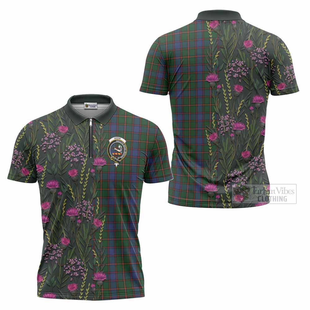 Skene Family Crest Tartan Zipper Polo Shirt Scottish Thistle Flower Pattern Half Style - Tartan Vibes Clothing