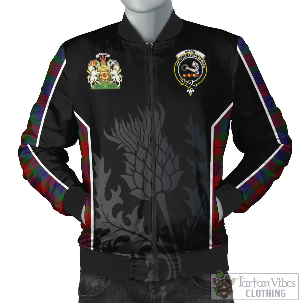 Tartan Vibes Clothing Skene of Cromar Tartan Bomber Jacket with Family Crest and Scottish Thistle Vibes Sport Style