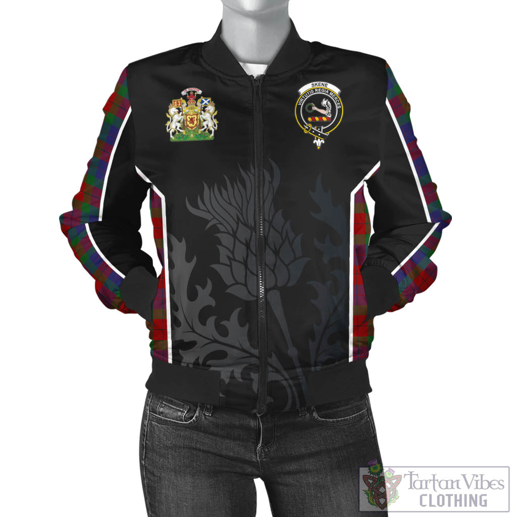 Tartan Vibes Clothing Skene of Cromar Tartan Bomber Jacket with Family Crest and Scottish Thistle Vibes Sport Style