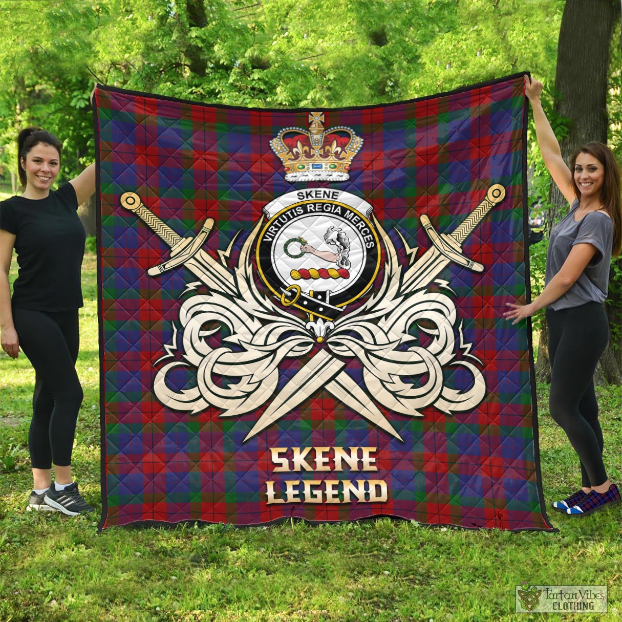 Tartan Vibes Clothing Skene of Cromar Tartan Quilt with Clan Crest and the Golden Sword of Courageous Legacy