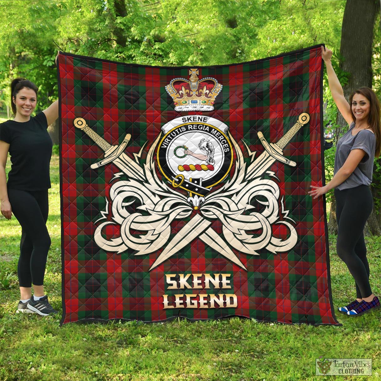 Tartan Vibes Clothing Skene of Cromar Black Tartan Quilt with Clan Crest and the Golden Sword of Courageous Legacy