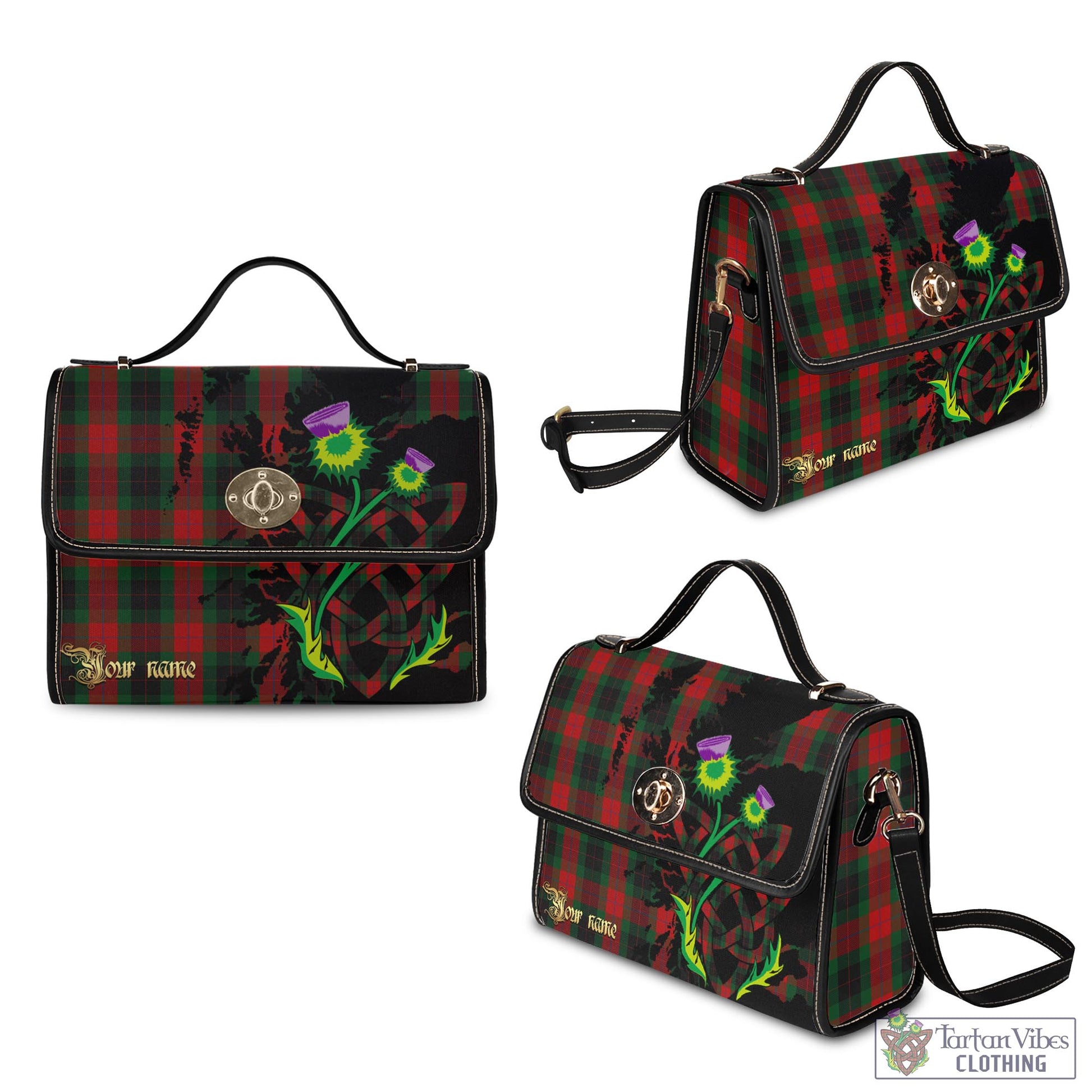 Tartan Vibes Clothing Skene of Cromar Black Tartan Waterproof Canvas Bag with Scotland Map and Thistle Celtic Accents