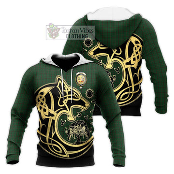 Skene or Tribe of Mar Tartan Knitted Hoodie with Family Crest Celtic Wolf Style Unisex Knitted Pullover Hoodie - Tartan Vibes Clothing