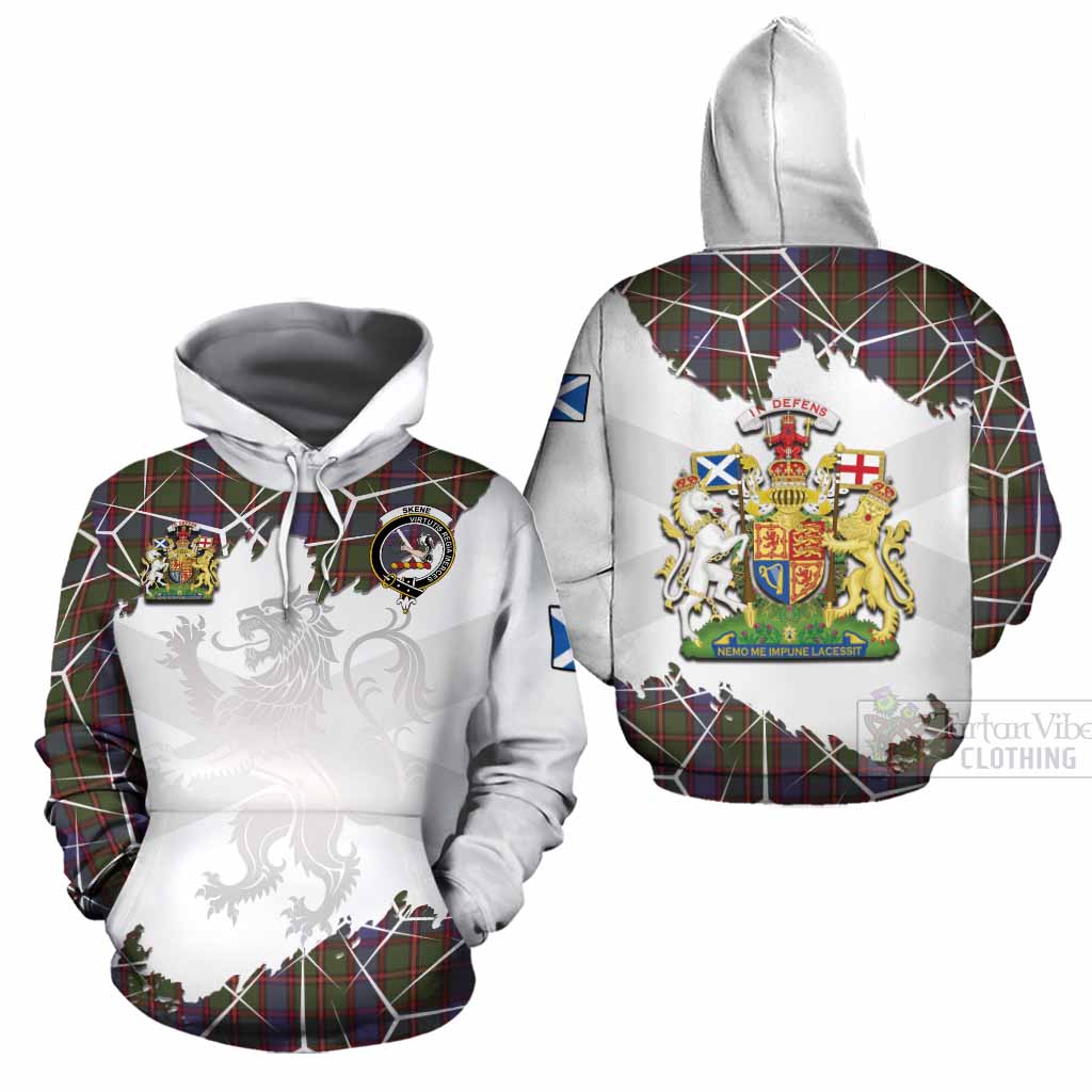 Skene Tartan Cotton Hoodie with Family Crest and Lion Rampant Grunge Style
