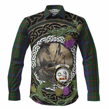 Skene Tartan Crest Bagpipe Nessie Long Sleeve Button Shirts Scottish Loch Ness Monster Celtic Thistle