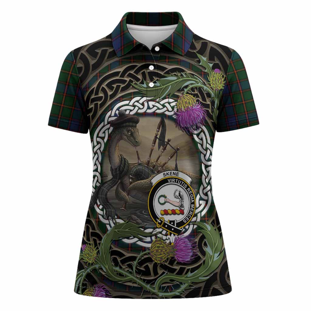 Skene Tartan Crest Bagpipe Nessie Women Polo Shirt Scottish Loch Ness Monster Celtic Thistle