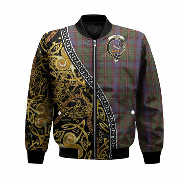 Skene Tartan Crest Bomber Jacket Celtic Knot and Triple Trickle Spiral Symbols