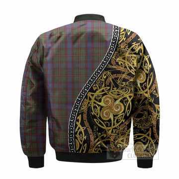 Skene Tartan Crest Bomber Jacket Celtic Knot and Triple Trickle Spiral Symbols