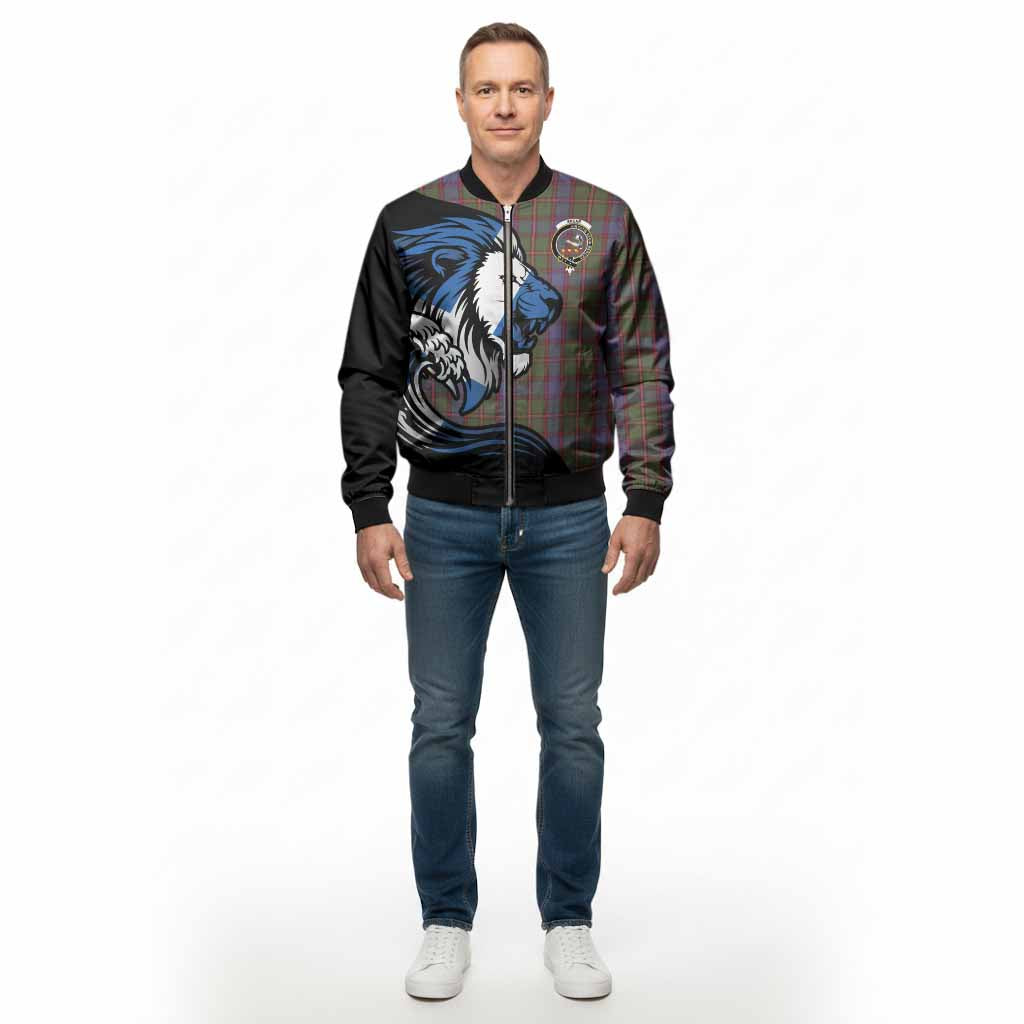 Skene Tartan Crest Bomber Jacket Scottish Golden Lions Wave Flow