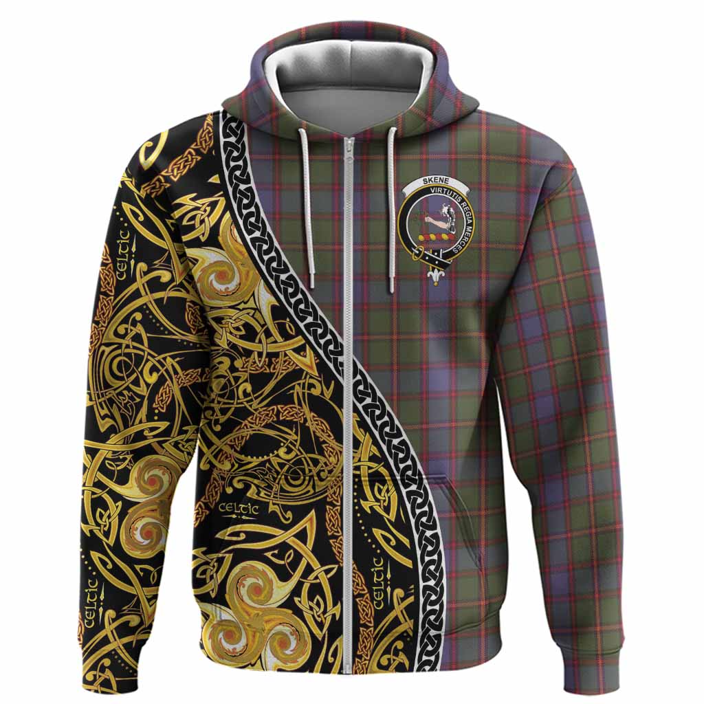Skene Tartan Crest Hoodie Celtic Knot and Triple Trickle Spiral Symbols