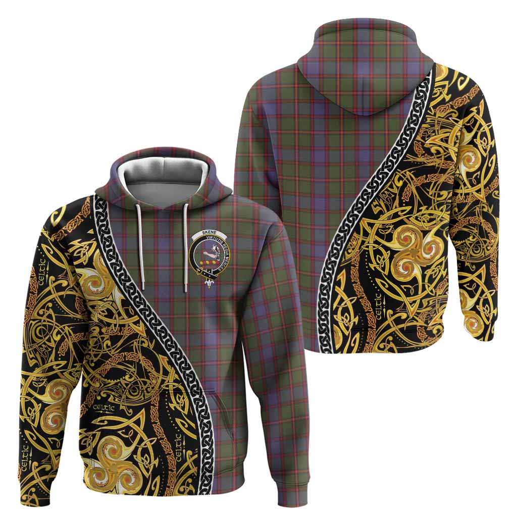 Skene Tartan Crest Hoodie Celtic Knot and Triple Trickle Spiral Symbols