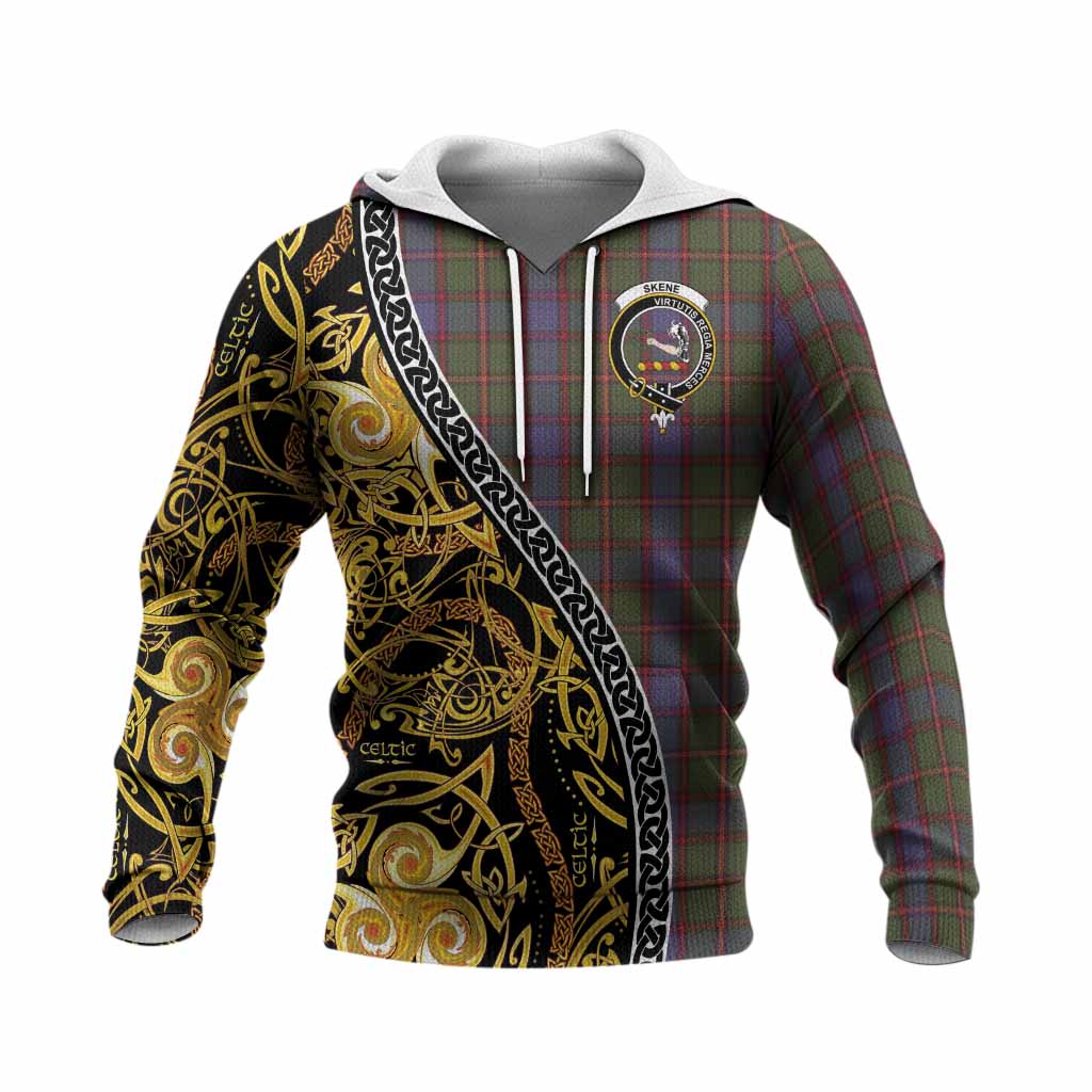 Skene Tartan Crest Knitted Hoodie Celtic Knot and Triple Trickle Spiral Symbols