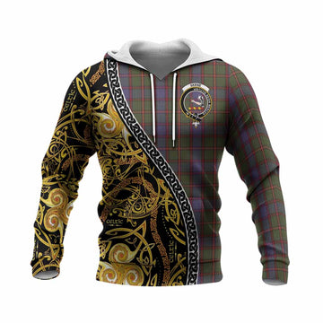 Skene Tartan Crest Knitted Hoodie Celtic Knot and Triple Trickle Spiral Symbols