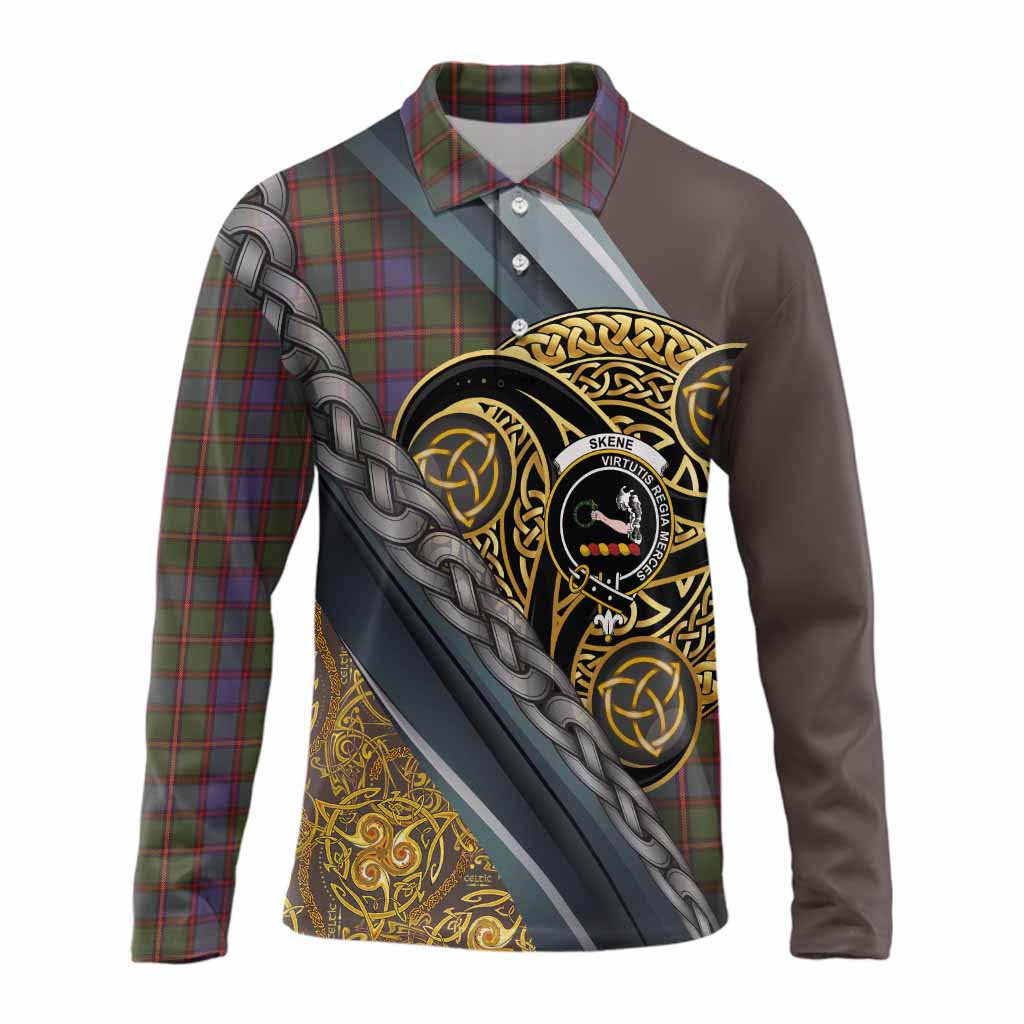Skene Tartan Crest Long Sleeve Polo Shirt Scottish Triskele Celtic