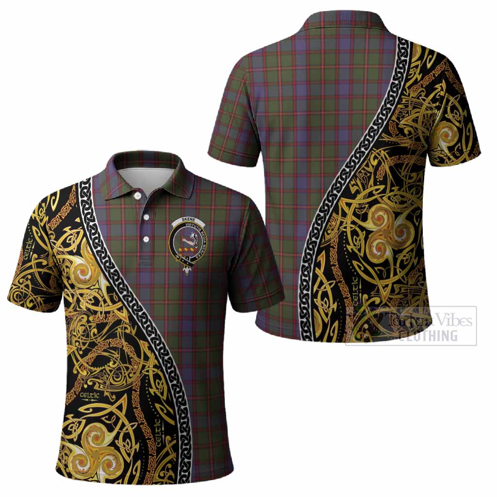 Skene Tartan Crest Polo Shirt Celtic Knot and Triple Trickle Spiral Symbols