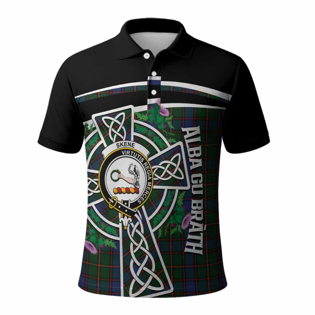 Skene Tartan Crest Polo Shirt Scottish Thistle Celtic Cross Alba Gu Brath