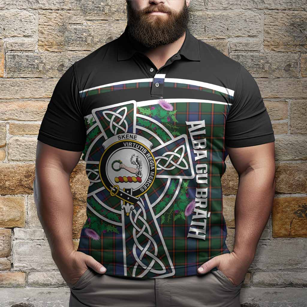 Skene Tartan Crest Polo Shirt Scottish Thistle Celtic Cross Alba Gu Brath