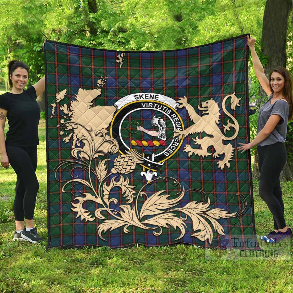 Skene Tartan Crest Premium Quilt with Scottish Iconic Symbols 