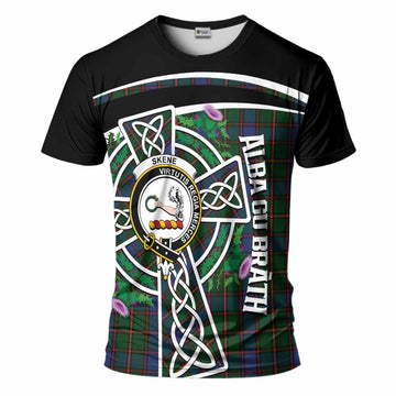 Skene Tartan Crest T-Shirt Scottish Thistle Celtic Cross Alba Gu Brath