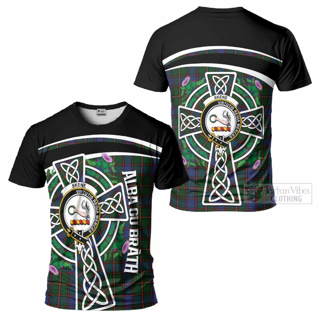 Skene Tartan Crest T-Shirt Scottish Thistle Celtic Cross Alba Gu Brath