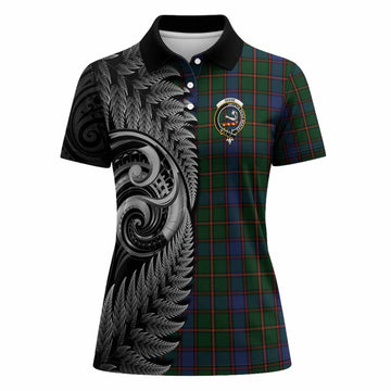 Skene Tartan Crest Women Polo Shirt With New Zealand Silver Fern Maori Koru