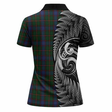 Skene Tartan Crest Women Polo Shirt With New Zealand Silver Fern Maori Koru