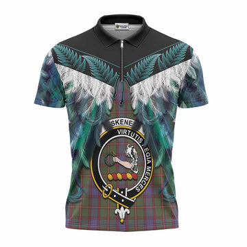 Skene Tartan Crest Zipper Polo Shirt New Zealand Maori Korowai Cloak