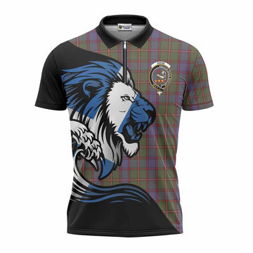 Skene Tartan Crest Zipper Polo Shirt Scottish Golden Lions Wave Flow
