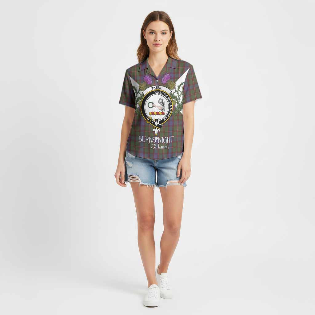 Skene Tartan Family Crest Cotton Hawaiian Shirt Scottish Burns Night Thistle Floral