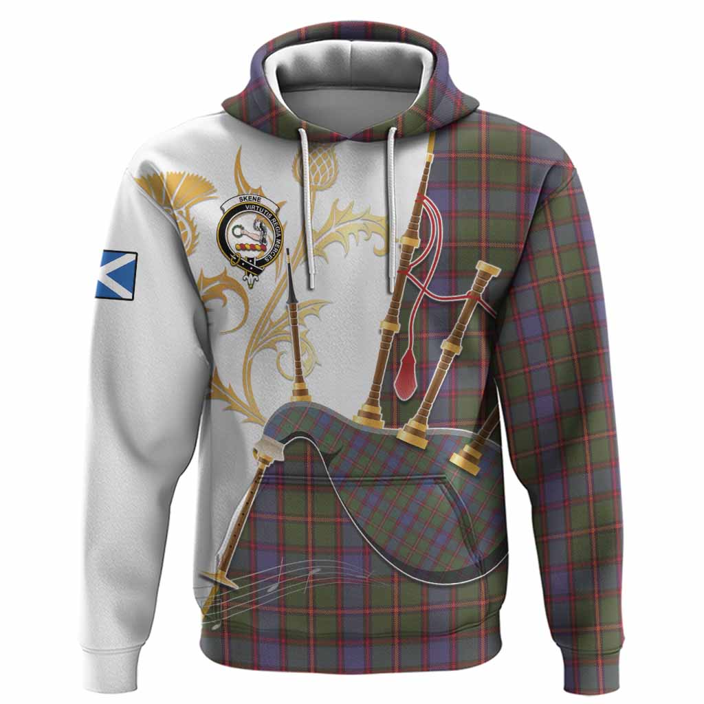 Skene Tartan Family Crest Hoodie Bagpipes with Scottish Thistle