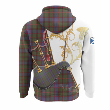 Skene Tartan Family Crest Hoodie Bagpipes with Scottish Thistle
