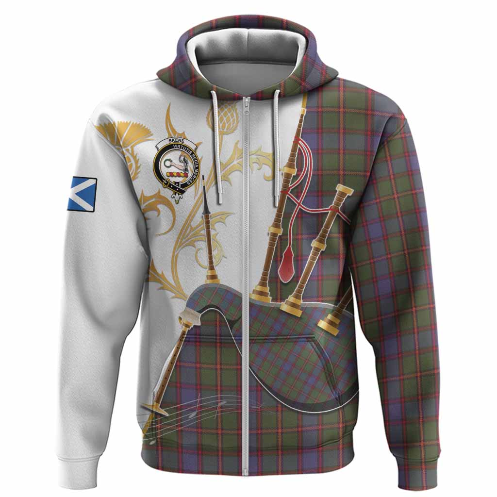 Skene Tartan Family Crest Hoodie Bagpipes with Scottish Thistle