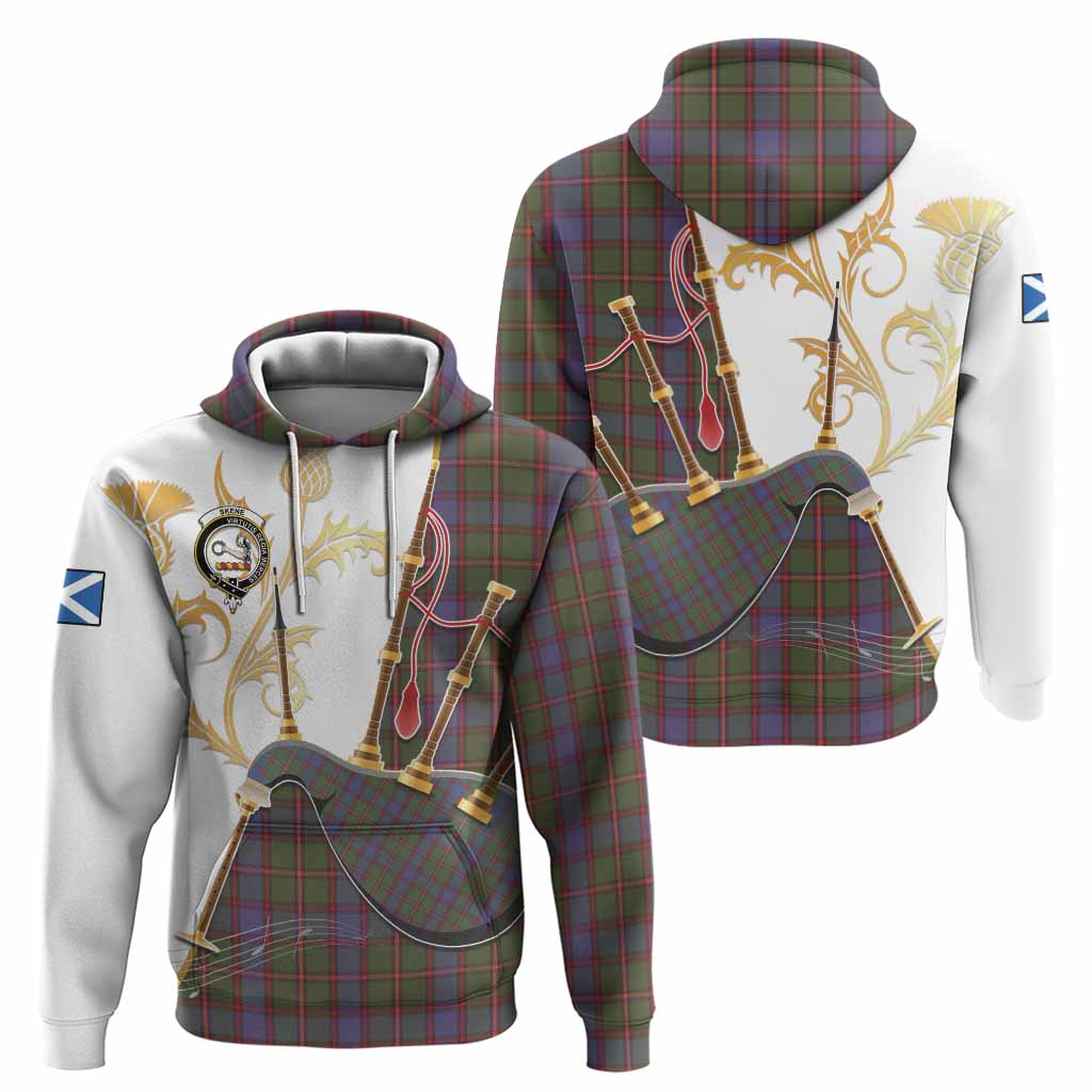 Skene Tartan Family Crest Hoodie Bagpipes with Scottish Thistle