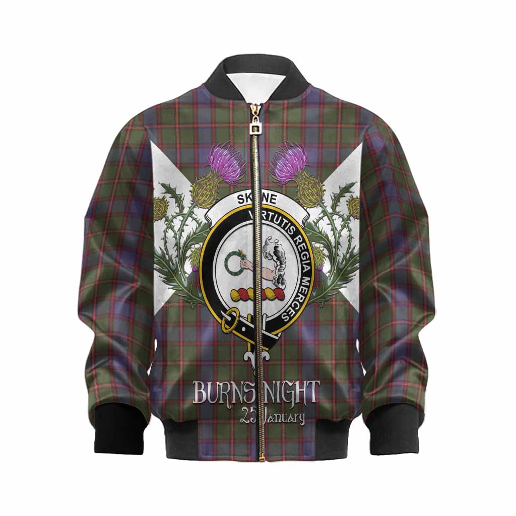 Skene Tartan Family Crest Kid Bomber Jacket Scottish Burns Night Thistle Floral