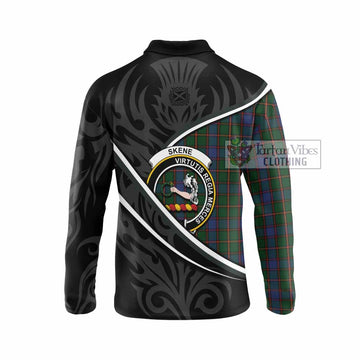 Skene Tartan Family Crest Long Sleeve Polo Shirt Celtic Scottish Thistle Floral