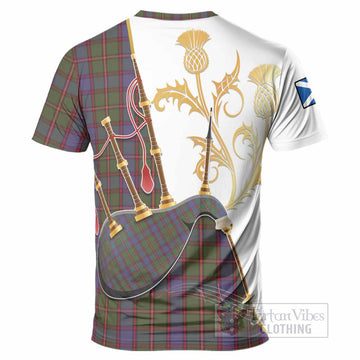 Skene Tartan Family Crest T-Shirt Bagpipes with Scottish Thistle