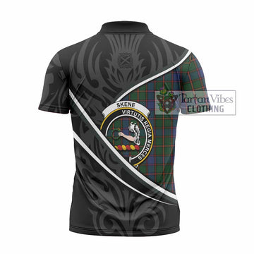 Skene Tartan Family Crest Zipper Polo Shirt Celtic Scottish Thistle Floral