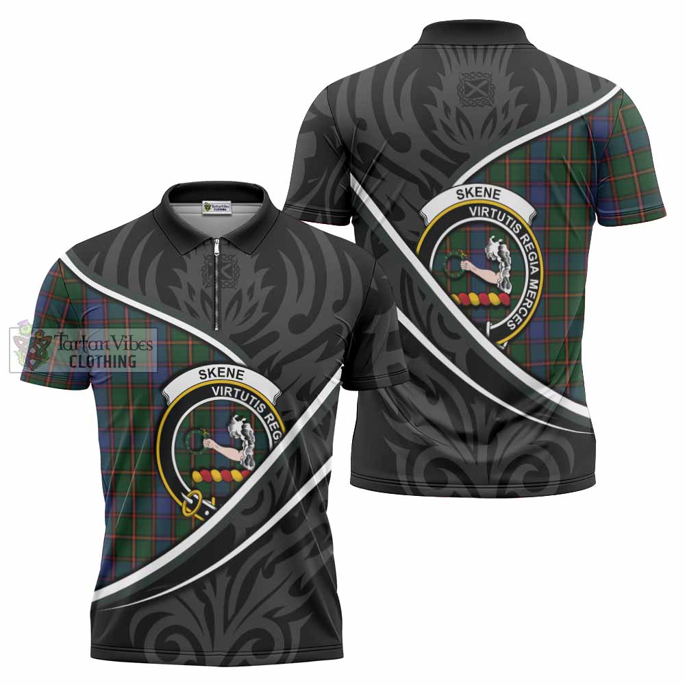 Skene Tartan Family Crest Zipper Polo Shirt Celtic Scottish Thistle Floral - Tartan Vibes Clothing