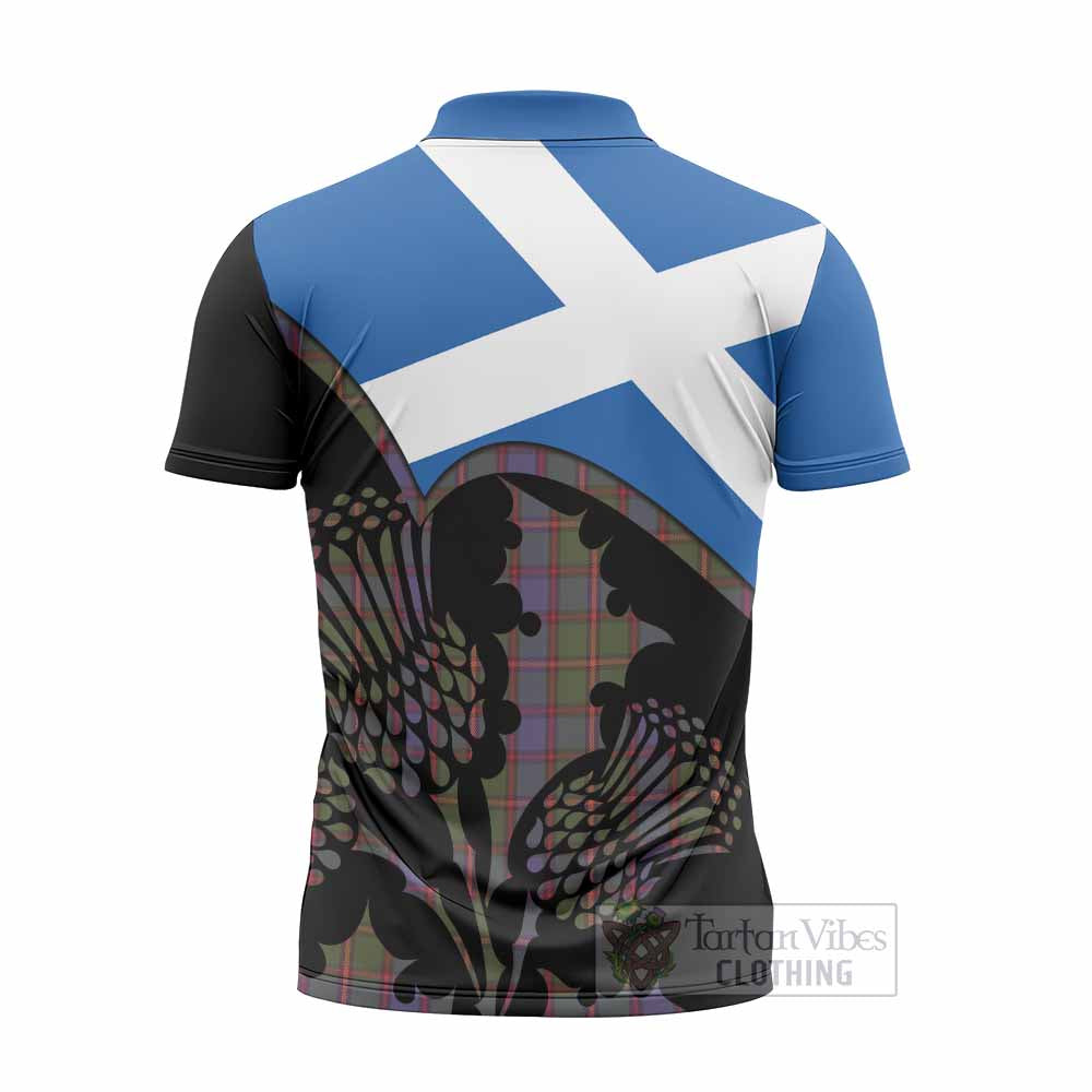 Skene Tartan Family Crest Zipper Polo Shirt Scotland Thistle Floral Flag Style