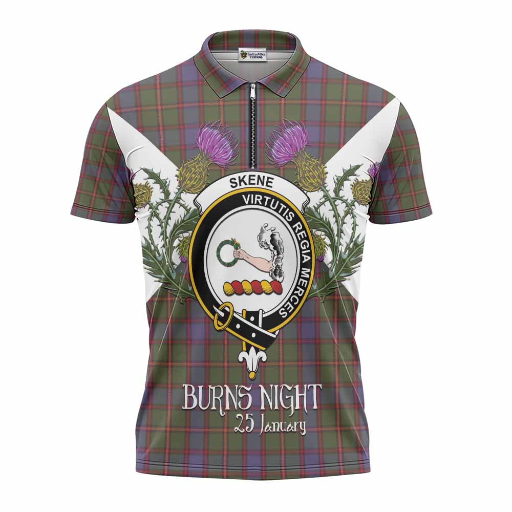 Skene Tartan Family Crest Zipper Polo Shirt Scottish Burns Night Thistle Floral