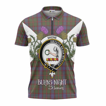 Skene Tartan Family Crest Zipper Polo Shirt Scottish Burns Night Thistle Floral