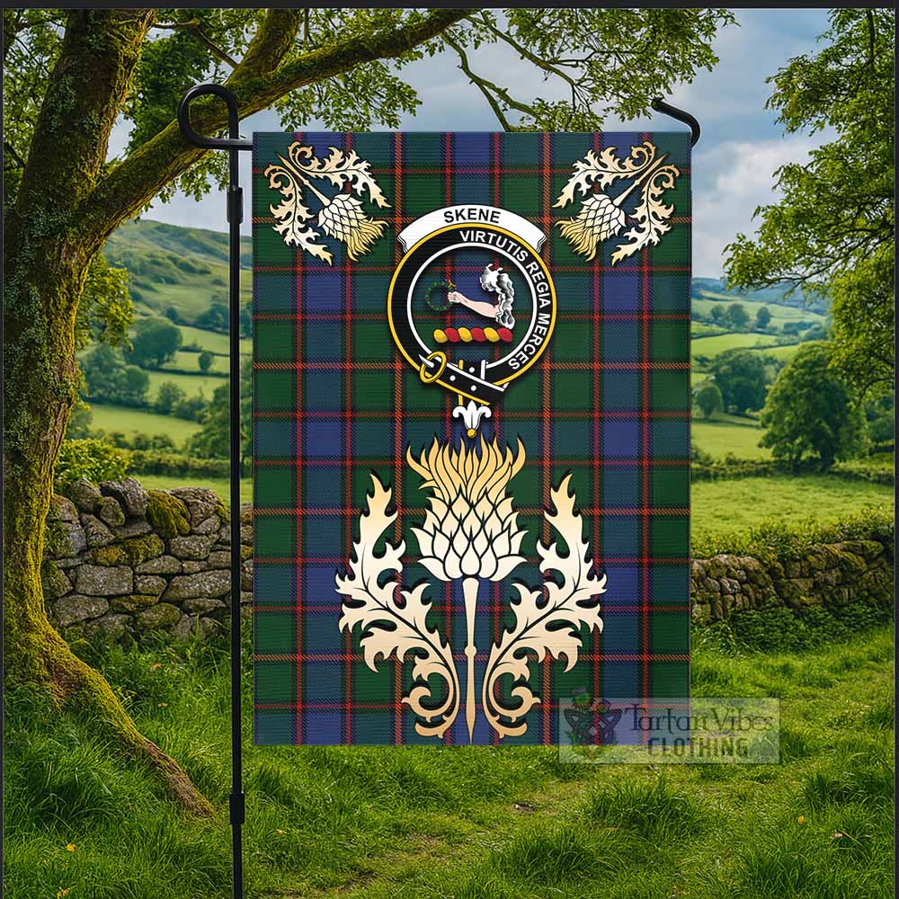 Skene Tartan Garden Flag with Golden Regal Scottish Thistle Emblem - Tartan Vibes Clothing